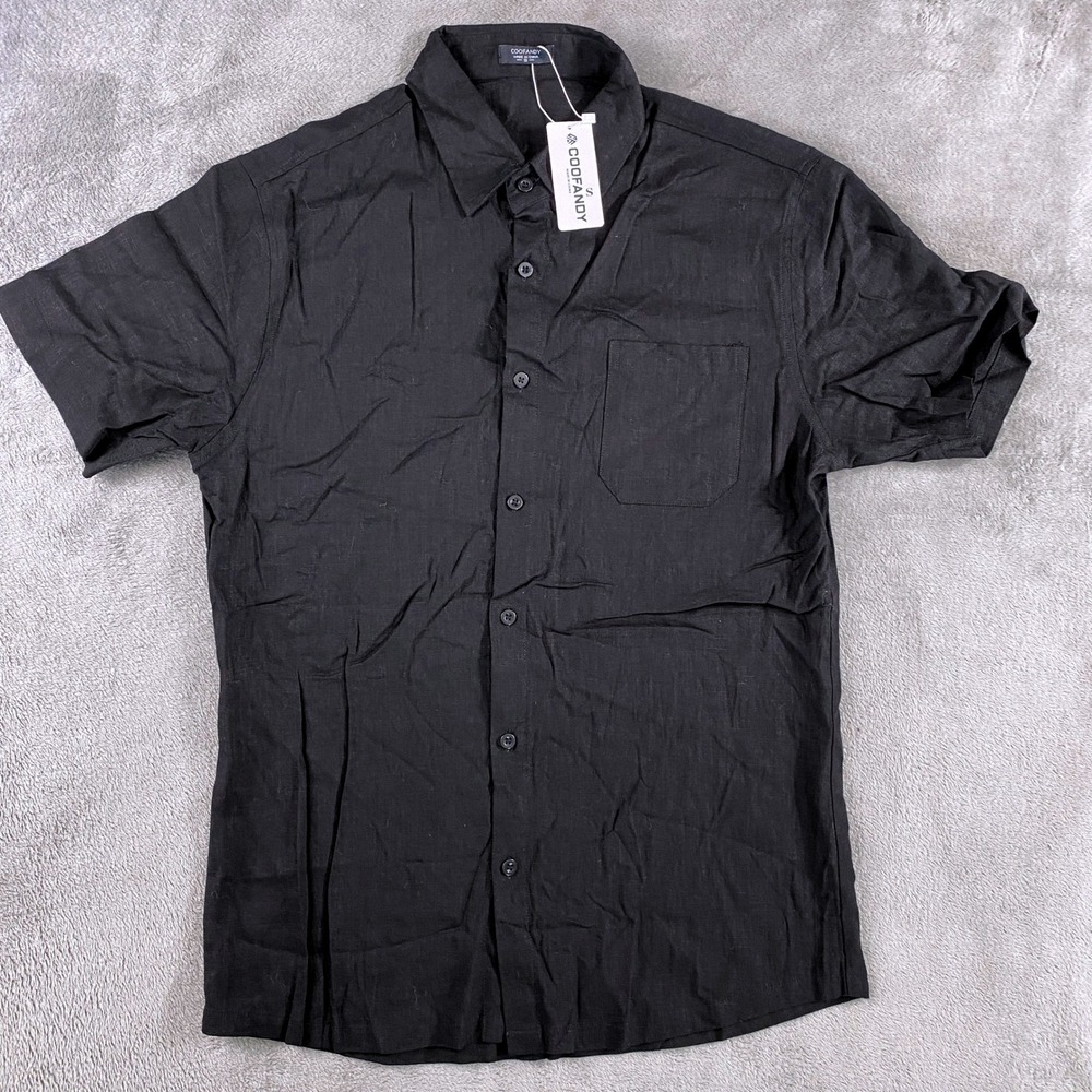 COOFANDY Button Down Shirt Mens Small Black Linen Blend Short Sleeve Pocket Top
